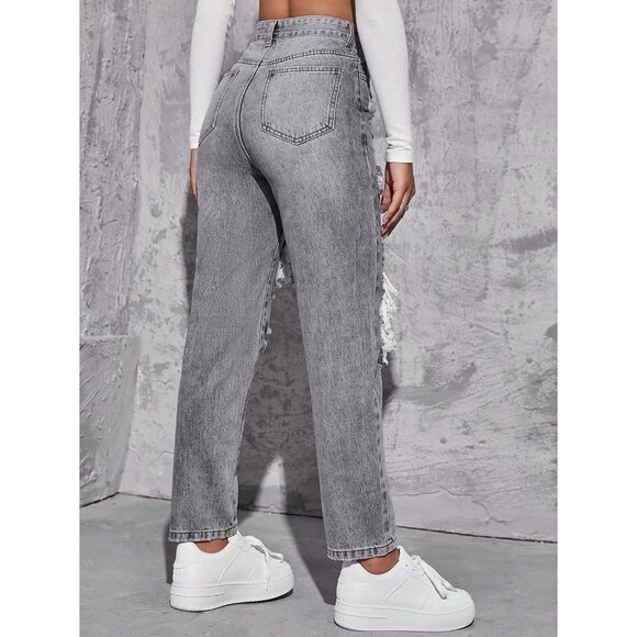 Women's High Waist Boyfriend Ripped Straight Leg Denim Jeans Grey Small - Picture 2 of 7